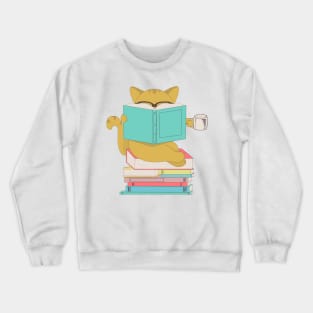 Cat with glasses drinking coffee or tea and reading book Crewneck Sweatshirt